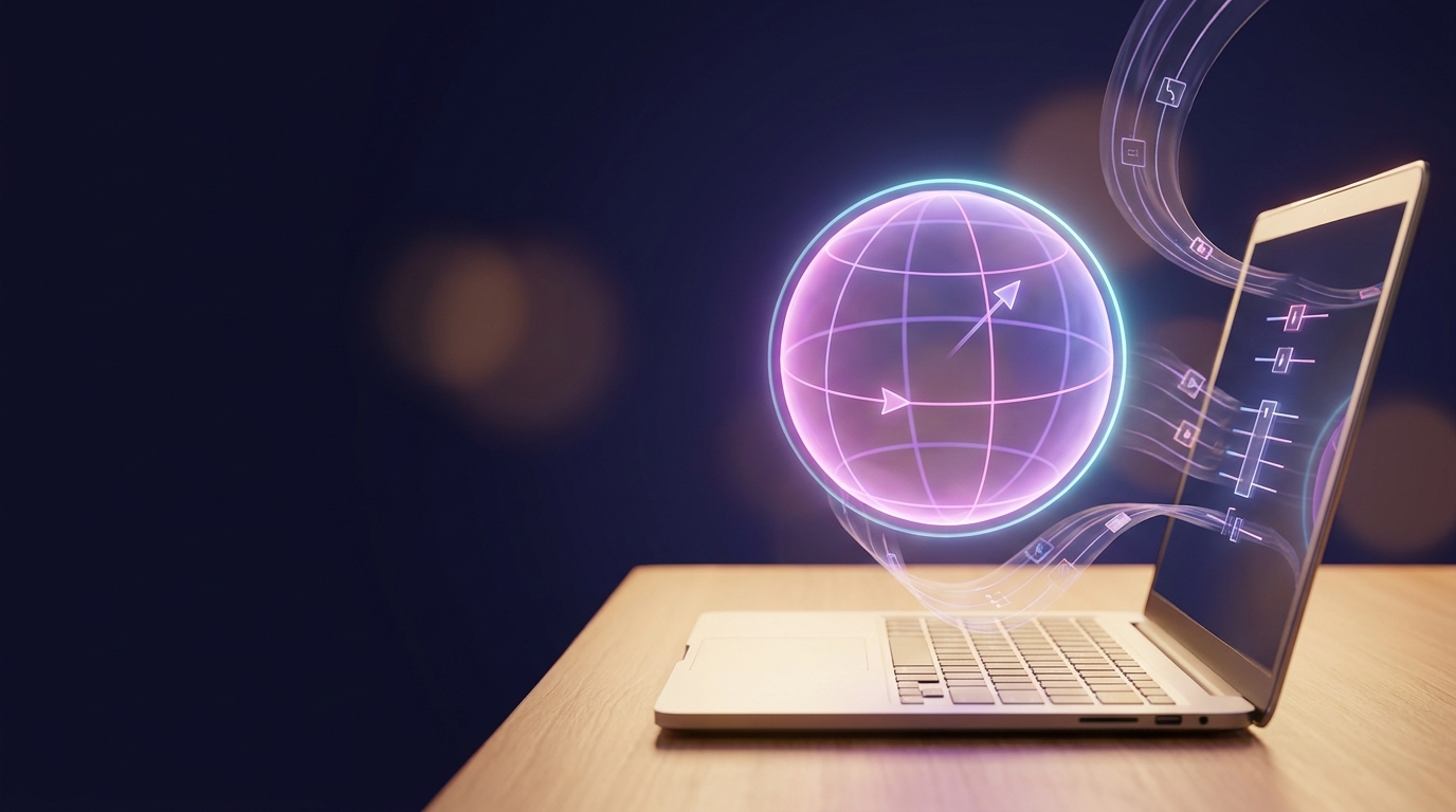 A glowing translucent bloch-sphere quantum orb floating above an open laptop on a desk, with quantum-circuit ribbons trailing from the screen — magenta and violet on deep indigo.