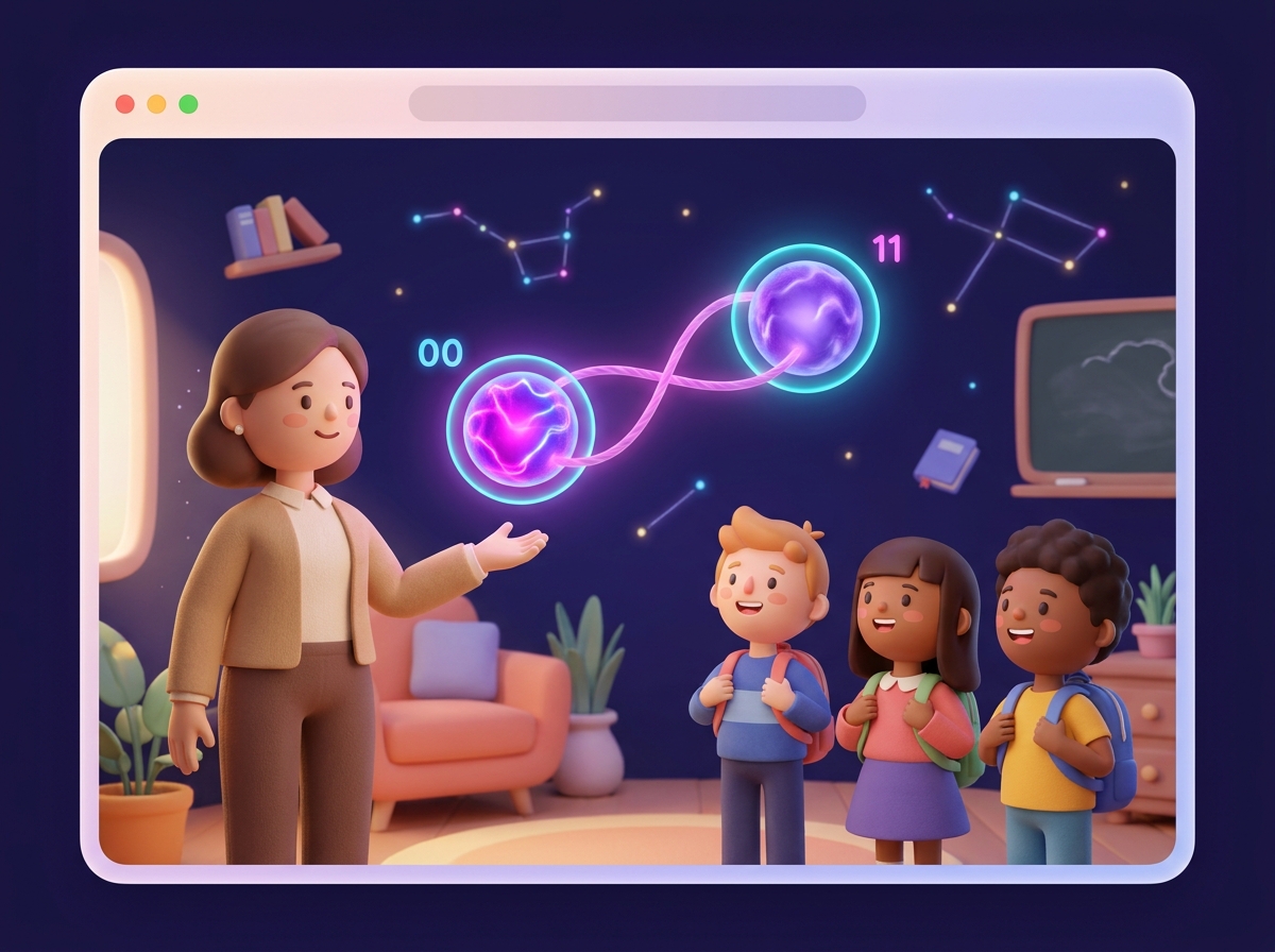 A warm illustration: inside a browser window, a teacher gestures to two glowing orbs linked by a magenta thread — a Bell pair — while delighted students watch. Labels 00 and 11 float nearby.