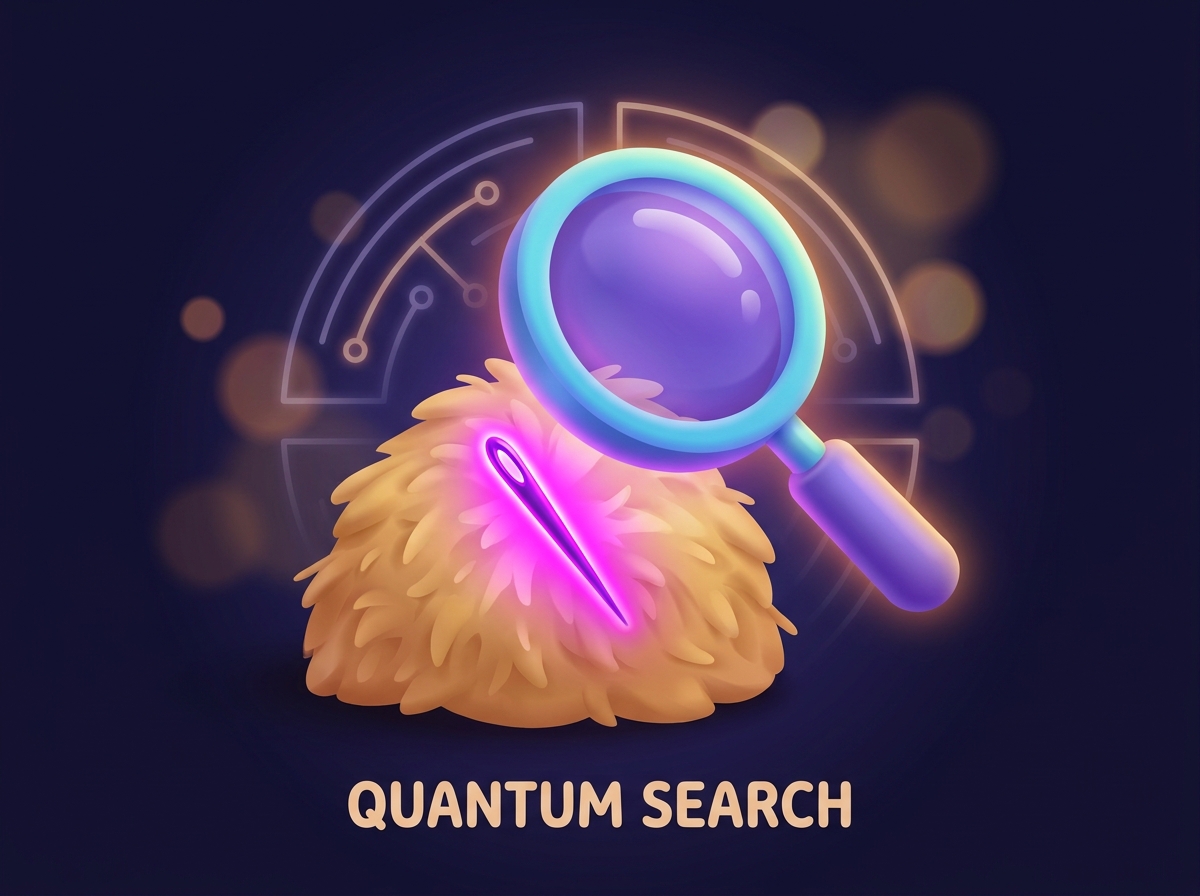 A friendly illustration of a glowing magnifying glass over a haystack with one spotlighted glowing needle — quantum search.