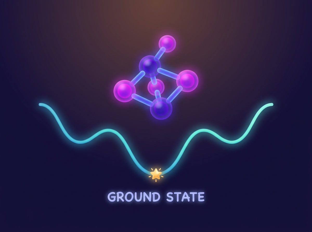 A friendly illustration of a small molecule made of glowing orbs above a cyan energy curve that dips to a starred lowest point labeled ground state.