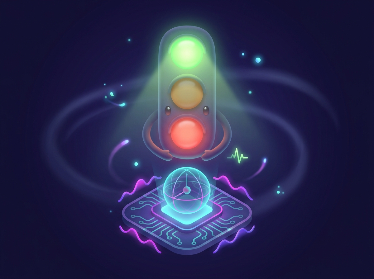 A friendly illustration of a traffic-light-style health gauge (green, amber, red) acting as a guardian over a glowing quantum chip with a bloch-sphere orb, with a small heartbeat line.