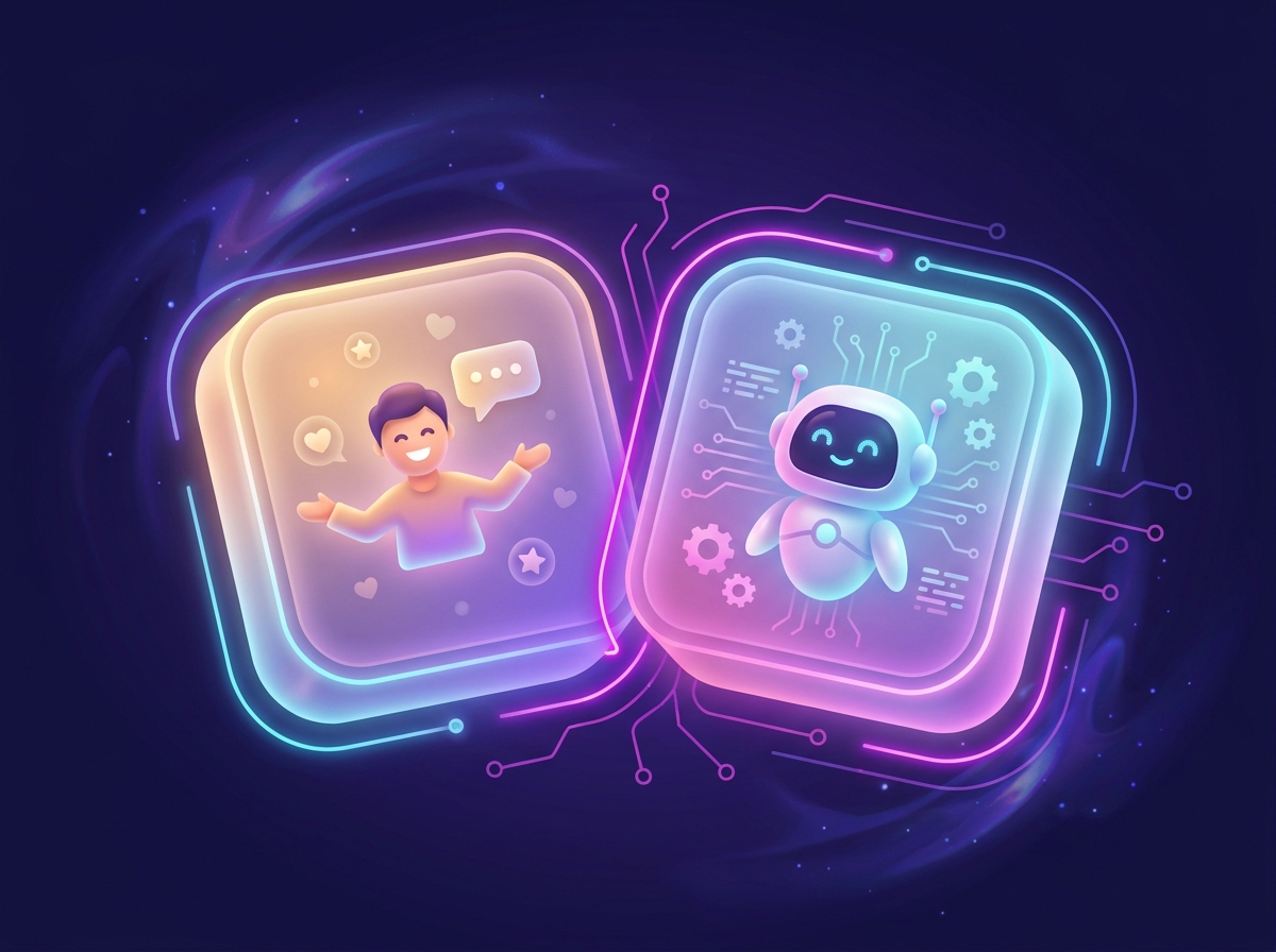 A friendly illustration of a glowing download box splitting into two halves: a 'for you' half with a person icon and a 'for your AI' half with a robot icon.