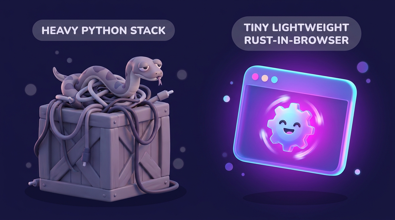 A playful comparison: a heavy crate with a tangled python snake (heavy Python stack) versus a tiny glowing Rust gear spinning happily in a browser tab (lightweight Rust-in-browser).